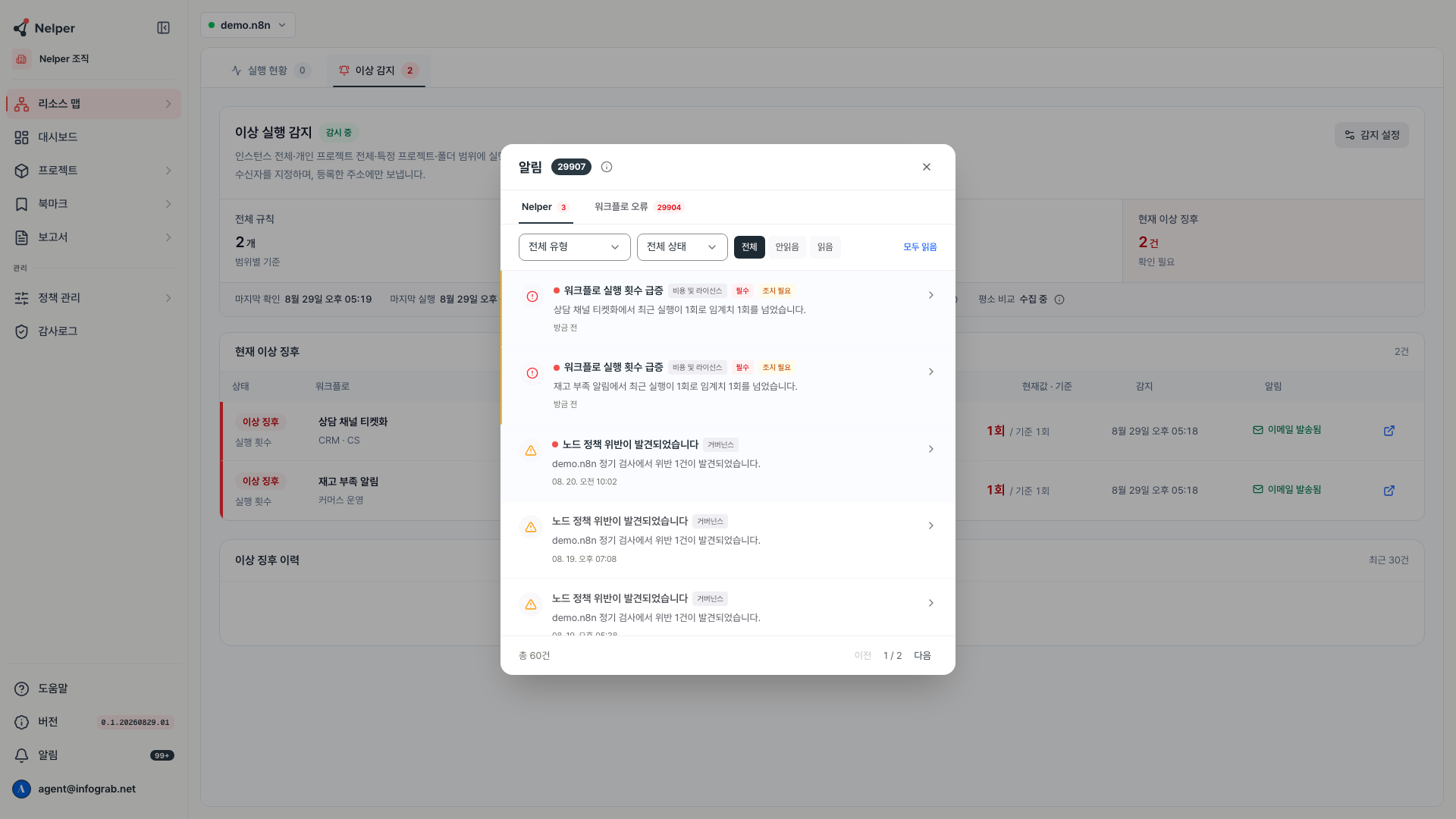 워크플로 실행 횟수 급증 알림이 표시된 Nelper 알림 목록