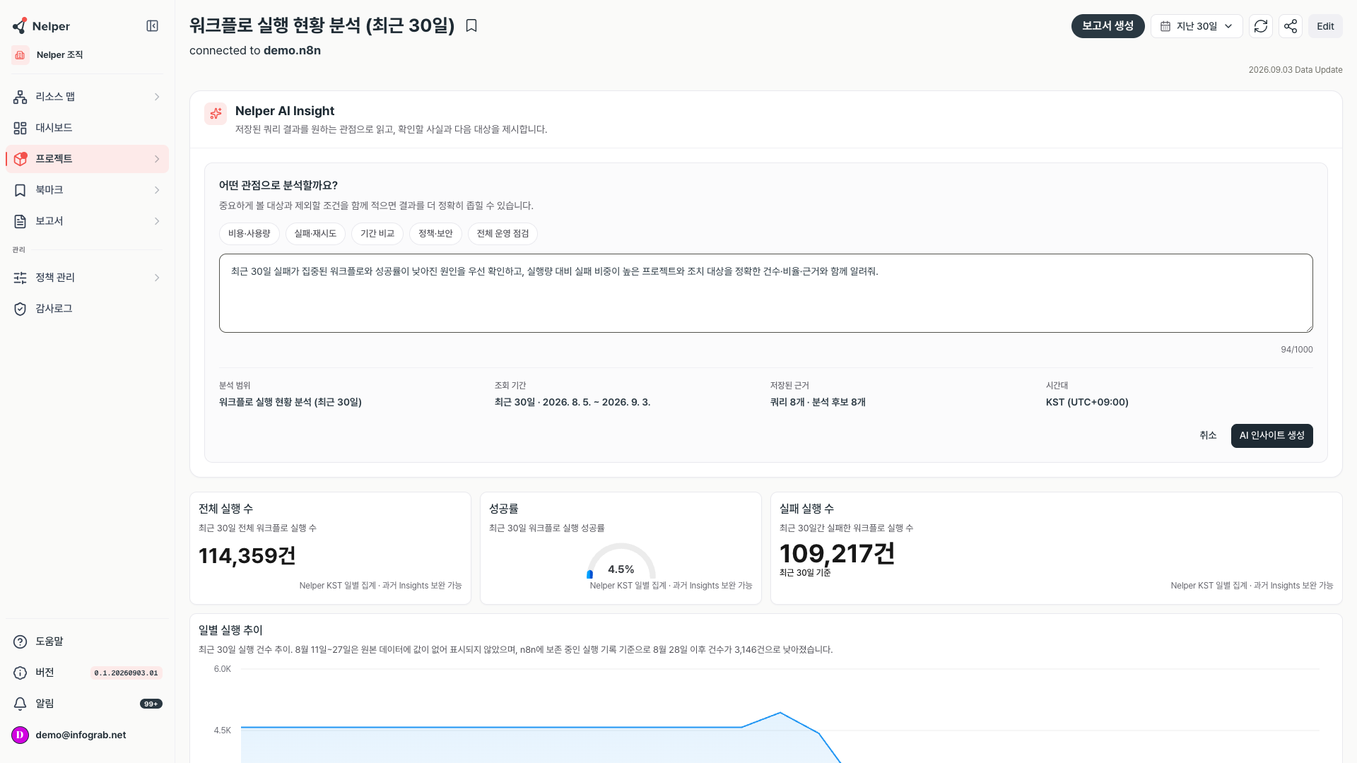 관점 프리셋과 자유 입력란, 분석 범위·조회 기간·저장된 근거·시간대를 보여 주는 인사이트 입력 화면